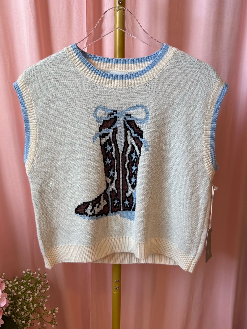 Luna Ivy Cowgirl Boots Bow Knit Sweater Vest Cream Blue Western Size Large